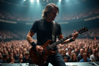 Guitariste rock sur scène lors d'un grand concert, jouant de la guitare électrique devant une foule massive dans une arène, style documentaire photo reportage