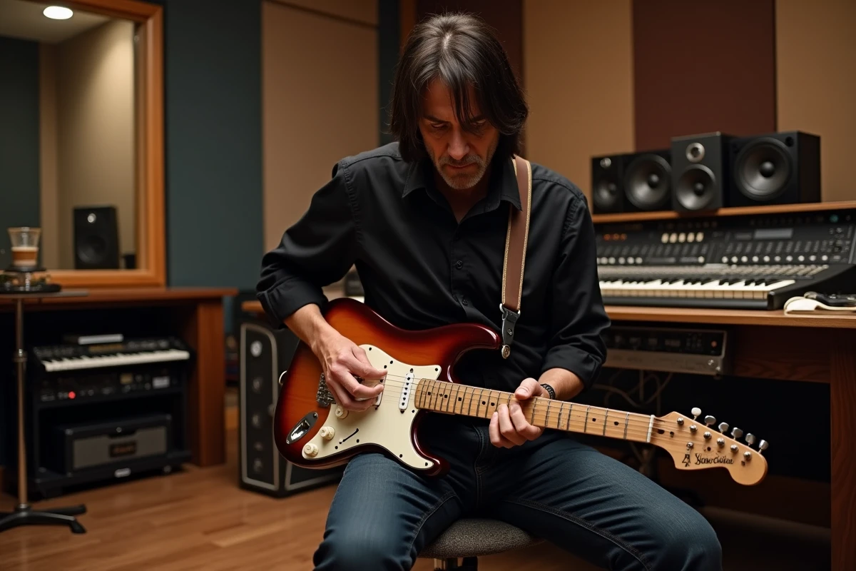 Musicien guitariste en studio d'enregistrement professionnel, assis avec une guitare électrique acoustique, ambiance intimiste de session d'enregistrement rock