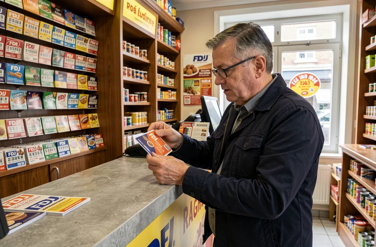 Homme achetant un nouveau jeu FDJ à gratter dans un bureau de tabac français