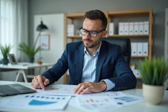 Homme d'affaires en costume bleu analysant des graphiques tarifaires
