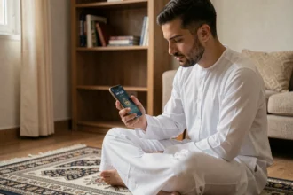Homme consultant une application d'horaires de prière sur smartphone à Tourcoing, assis sur un tapis de prière dans un salon