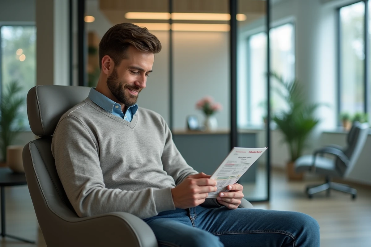 Jeune homme lisant une brochure dans la salle d