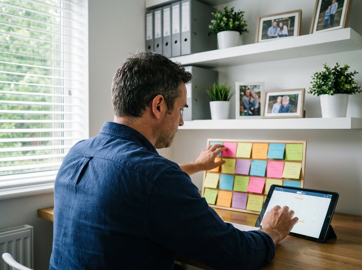 Homme arrangeant des notes colorées dans un bureau à domicile