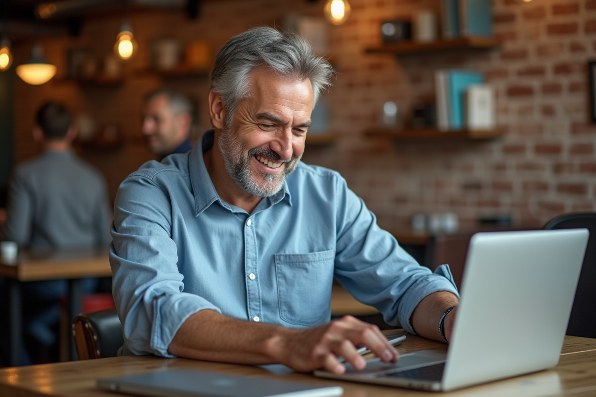 Homme d age moyen dans un café comparant deux laptops