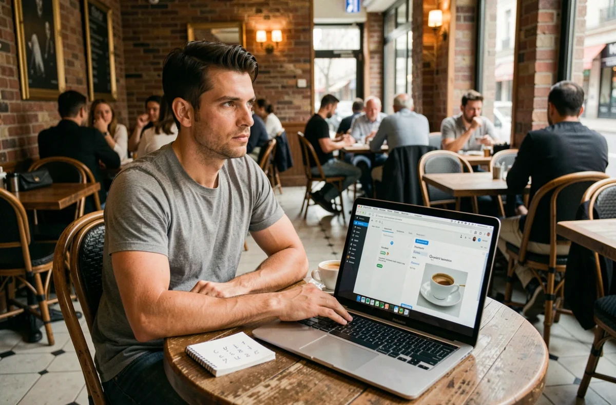 Homme dans un café parisien résolvant Sutom sur un ordinateur portable avec des notes manuscrites