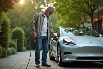 Homme en jeans chargeant sa voiture électrique dans la cour