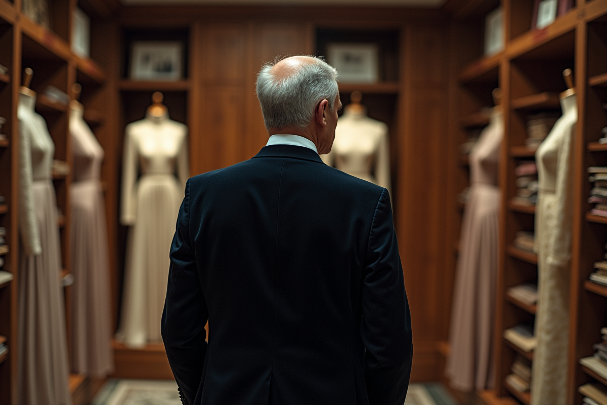 Homme observant des robes de haute couture en archive