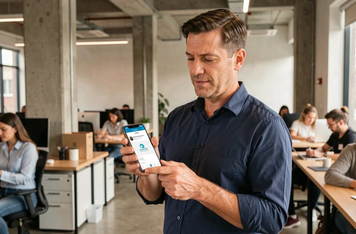 Homme en espace de coworking consultant une mise à jour d'application sur son smartphone affichant un nouveau nom de marque