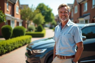 Homme d'âge moyen à côté d'un crossover moderne dans un quartier résidentiel