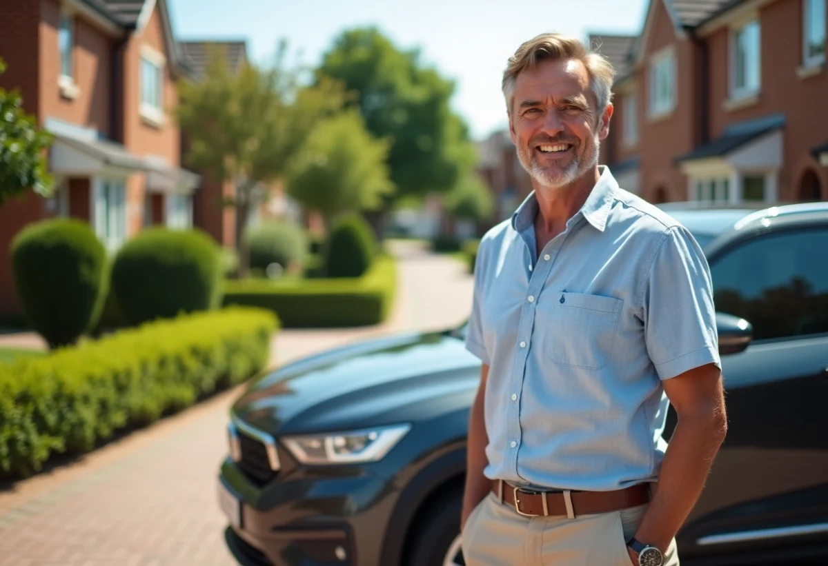 Homme d'âge moyen à côté d'un crossover moderne dans un quartier résidentiel