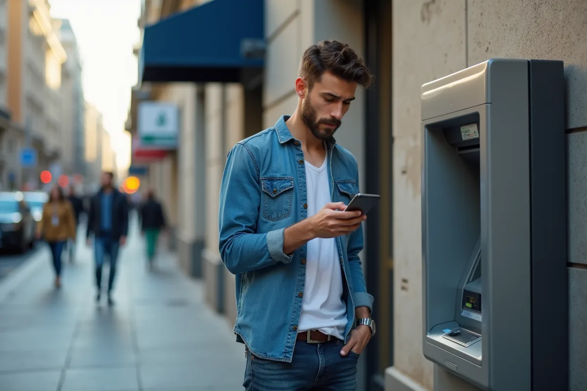 Jeune homme utilisant un distributeur automatique en ville