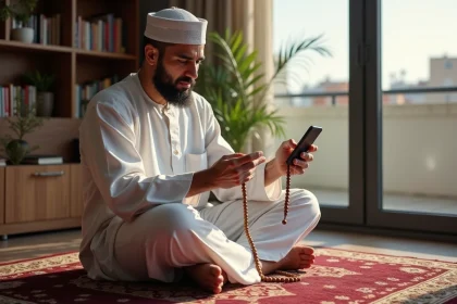 Homme en djellaba blanche consultant les horaires de prière sur smartphone à Marseille