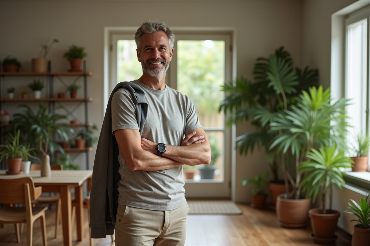 Homme en intérieur dans une maison écologique et minimaliste