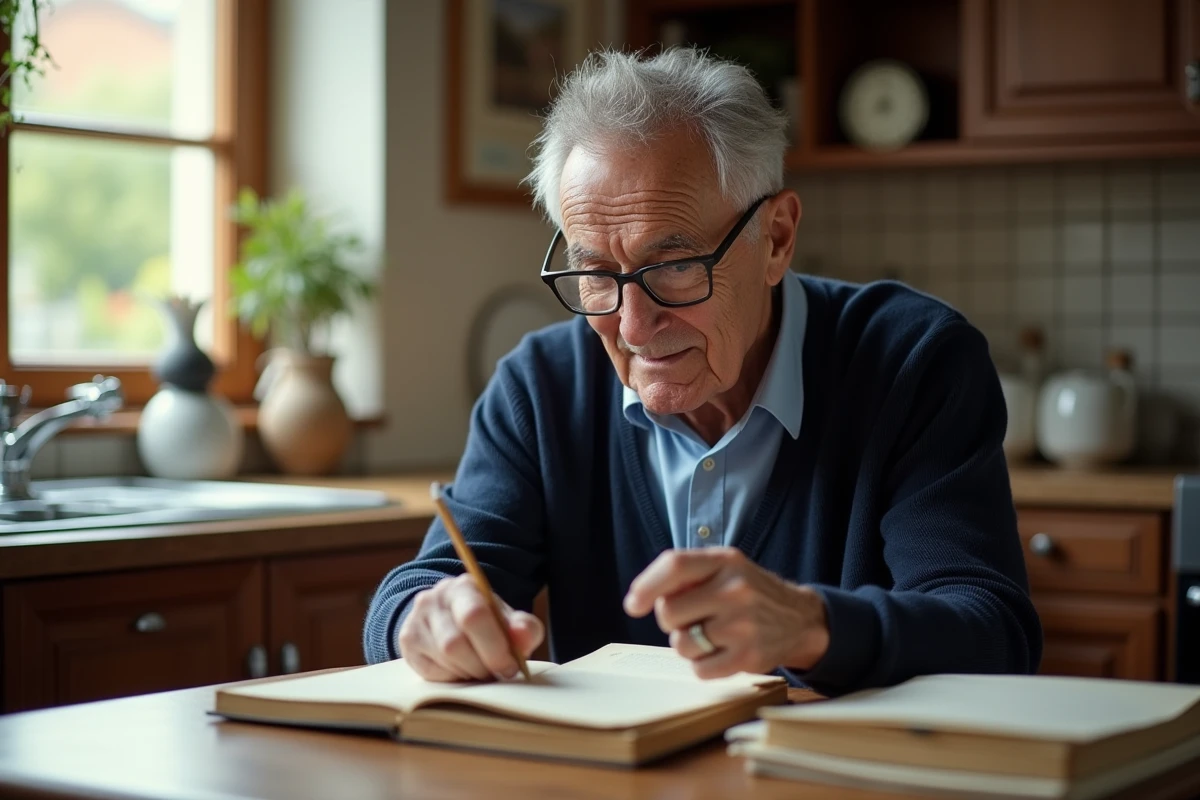 Homme âgé feuilletant des vieux carnets dans la cuisine