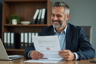 Homme d'âge moyen lisant un document officiel dans un bureau