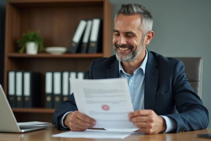 Homme d'âge moyen lisant un document officiel dans un bureau