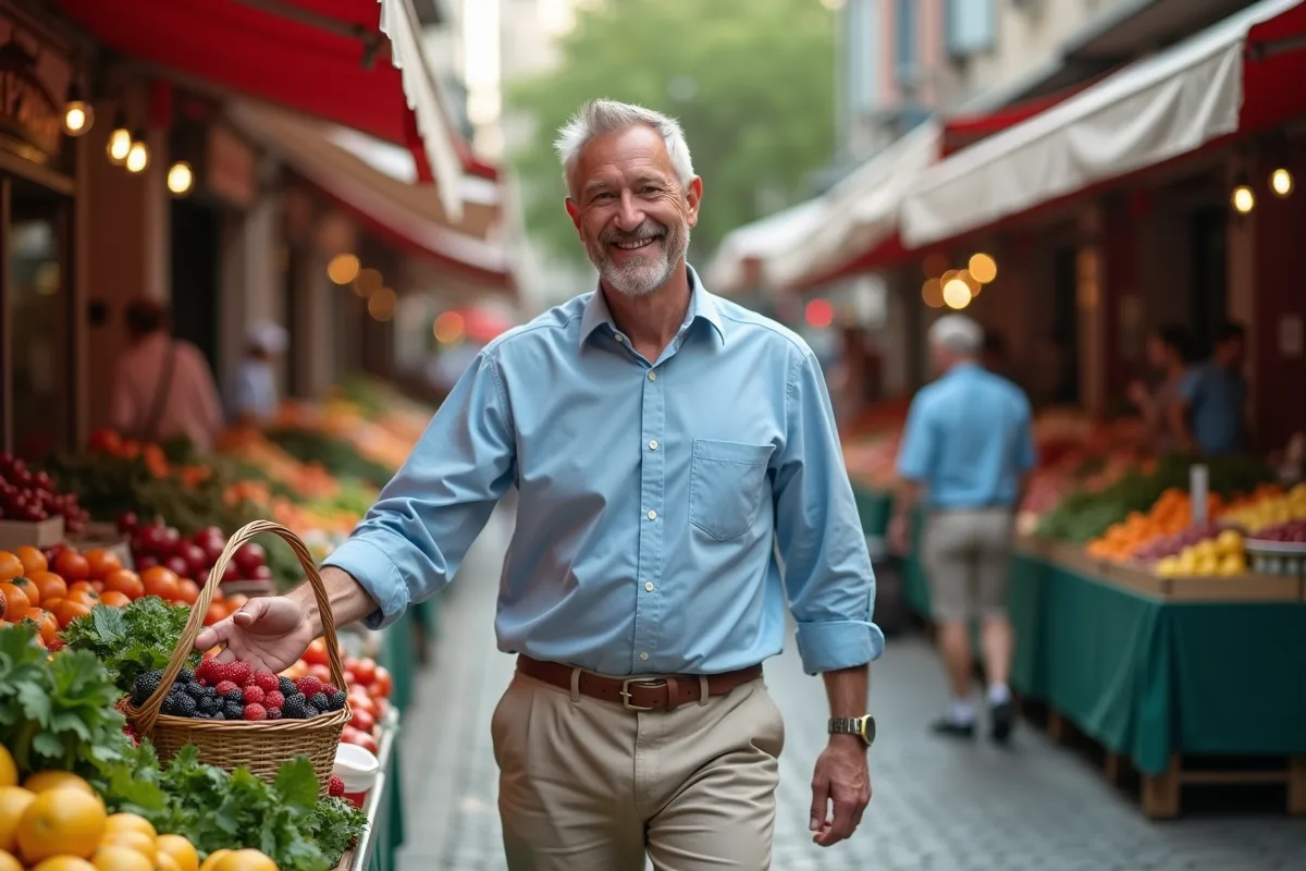 Homme souriant achetant des fruits frais au marché en plein air