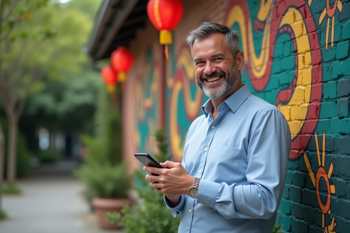 Homme souriant jouant au jeu Snake devant une fresque serpent dans un parc