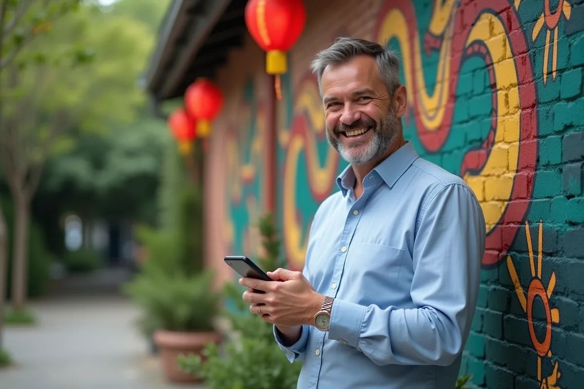 Homme souriant jouant au jeu Snake devant une fresque serpent dans un parc