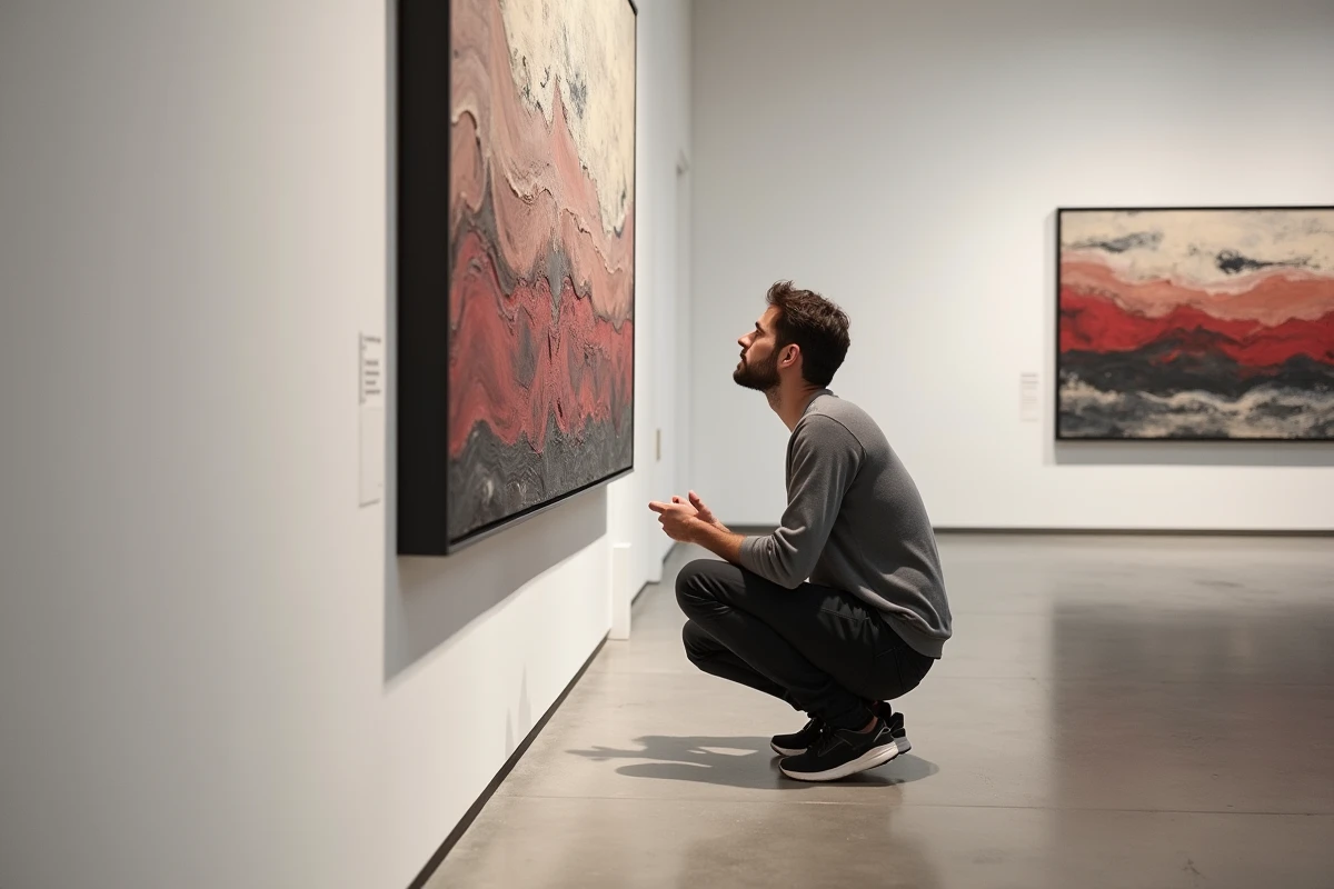 Homme découvrant l'art abstrait dans un musée en lisant le cartel d'une grande peinture expressionniste