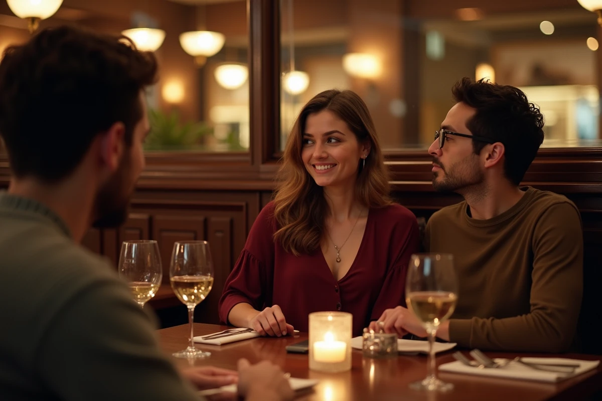 Homme seul dans un restaurant observant discrètement un couple attablé à proximité, regard pensif