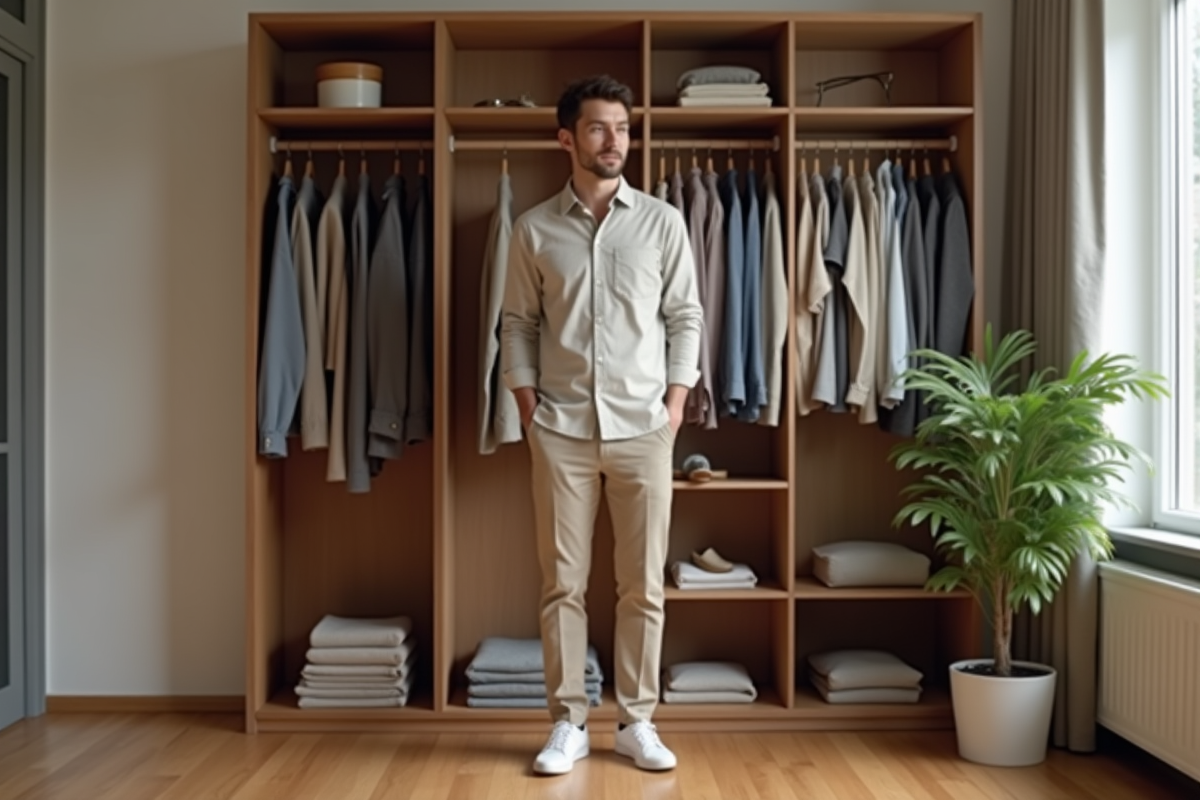 Jeune homme choisissant ses vêtements dans une armoire ouverte
