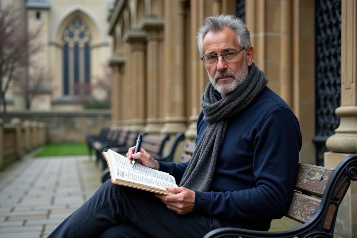 Homme méditant devant une église avec un livre de mots croises