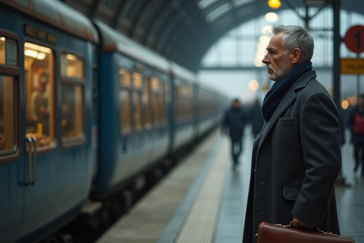 Homme sur un quai de gare regardant un train partir, évoquant le regret de ne pas avoir pu rejoindre ses proches, ambiance mélancolique et réaliste