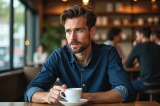 Homme attablé dans un café regardant discrètement vers une direction, expression contemplative et ambiguë