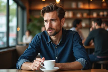Homme attablé dans un café regardant discrètement vers une direction, expression contemplative et ambiguë