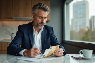 Homme d'âge moyen en costume bleu examine des billets euros