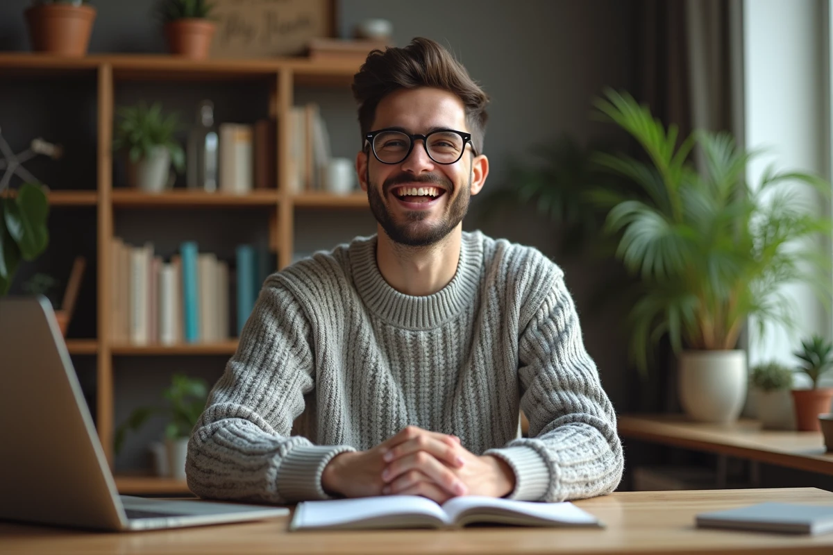 Homme en pull et lunettes riant dans son bureau