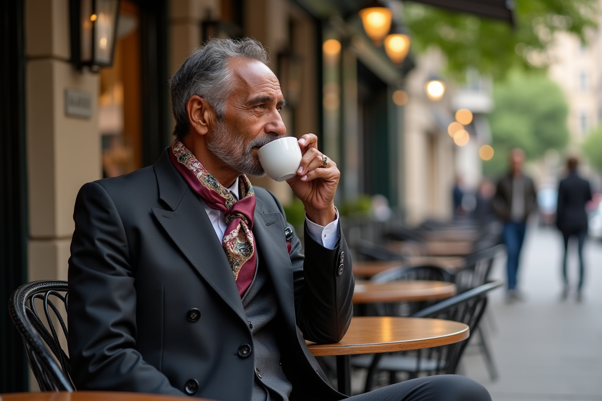 Homme mature en costume dans un café en ville