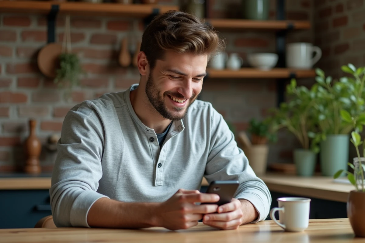 Homme souriant en lisant un message affectueux sur son téléphone dans une cuisine rustique chaleureuse