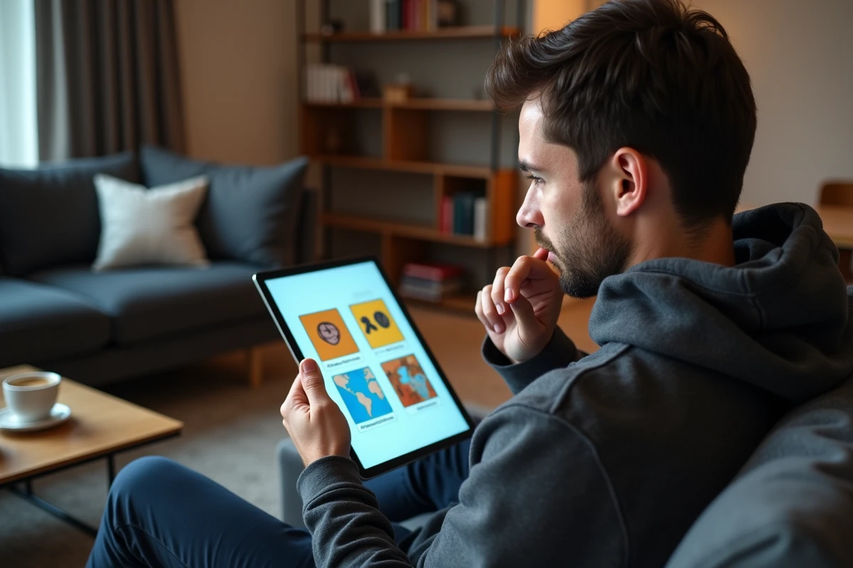 Homme adulte réfléchissant à la solution d'un jeu 4 images 1 mot sur tablette dans un salon moderne