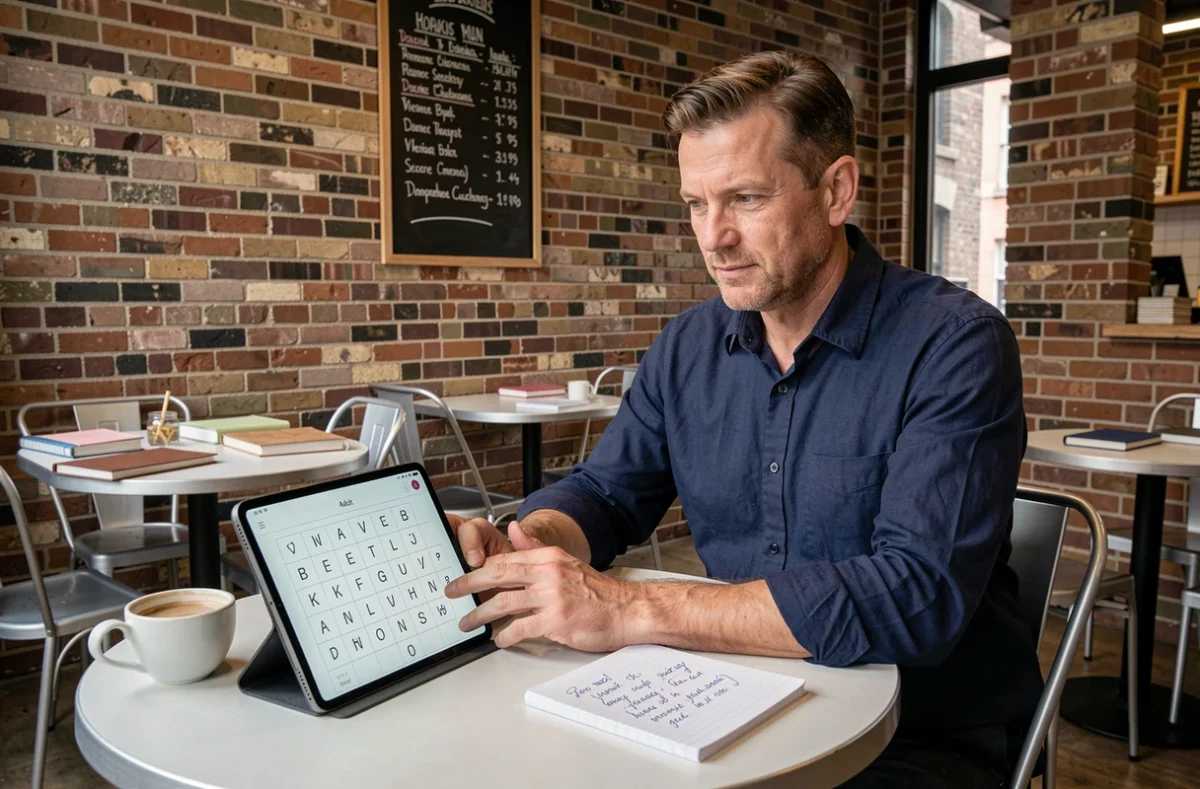Homme résolvant un puzzle de mots croisés Codycross sur tablette dans un café