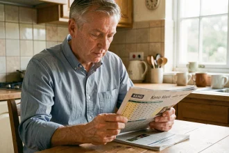 Homme vérifiant ses résultats Keno midi sur un ticket de loterie dans une cuisine française
