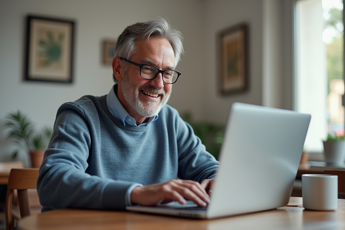 Homme souriant participant à une visioconference dans son appartement