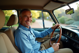 Homme souriant dans une voiture vintage des années 70