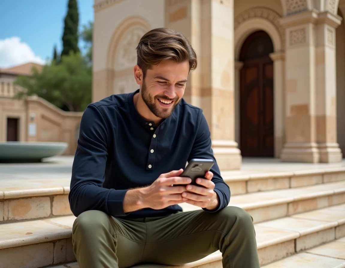 Jeune homme consultant l'horaire de prière 2026 à Marseille sur son téléphone devant une mosquée