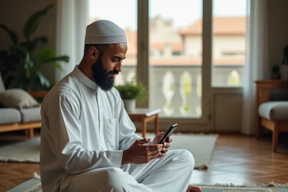Homme consultant les horaires de prière de Marseille sur son smartphone avec rappel automatique