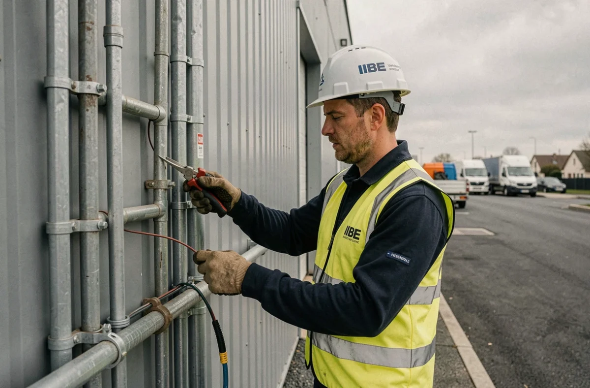 Électricien IBE posant des chemins de câbles en conduit sur la façade d'un entrepôt industriel en Île-de-France