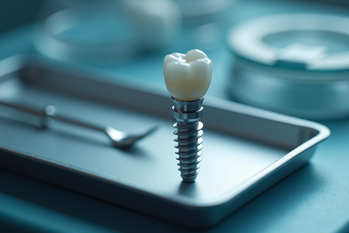Implant dentaire sur un plateau avec outils stériles en gros plan