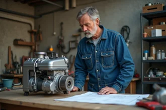 Ingénieur homme en bleu à côté d'un moteur eau maison