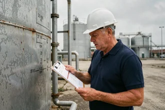 Ingénieur mesurant le volume d'un réservoir industriel avec un tableau de conversion litres en mètres cubes