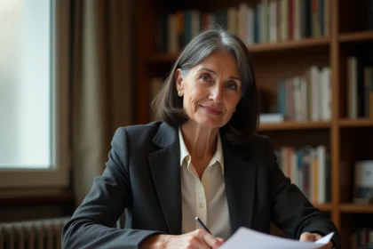 Femme dans la soixantaine assise dans une bibliothèque privée, consultant des documents dans un cadre calme et discret évoquant la vie en Europe