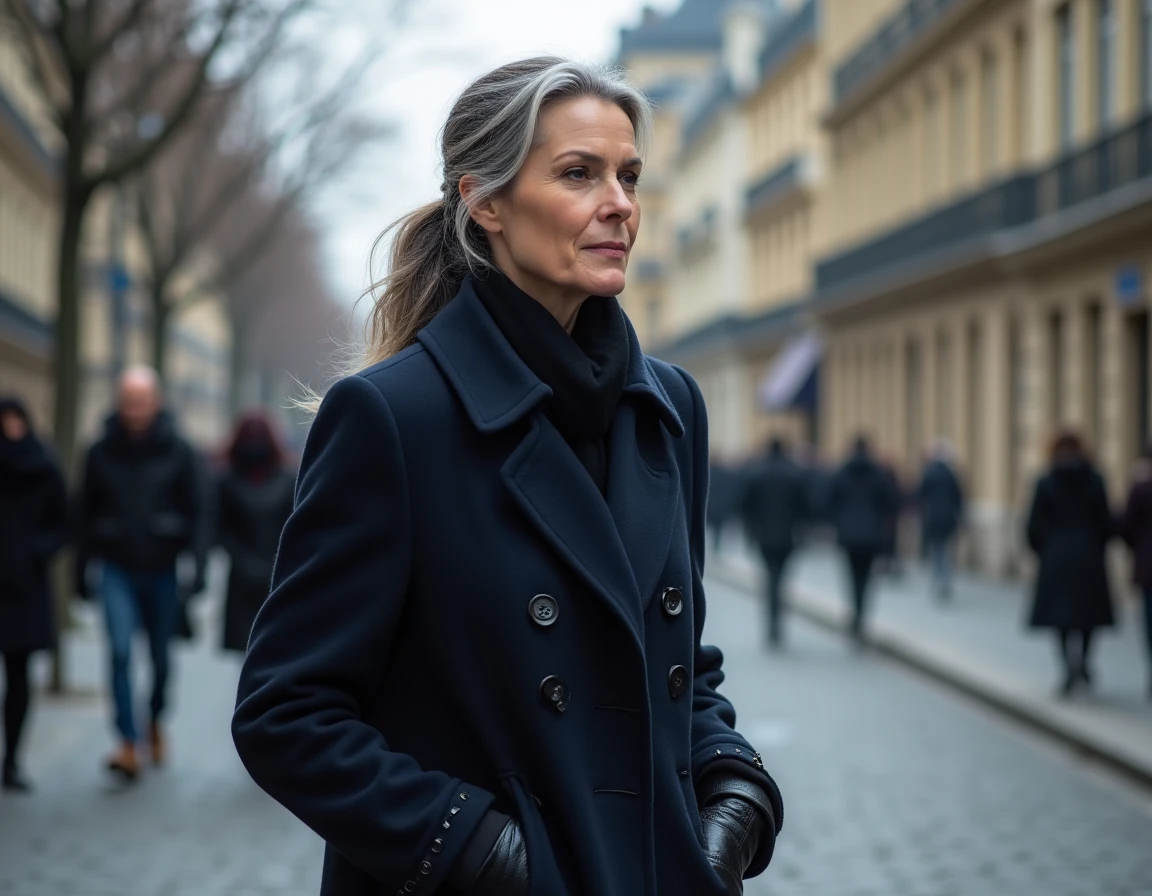Femme élégante d'une soixantaine d'années marchant dans une rue pavée parisienne, portant un manteau marine, dans une atmosphère hivernale discrète