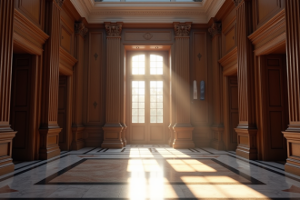 Intérieur d'un tribunal français avec portes en bois et drapeau