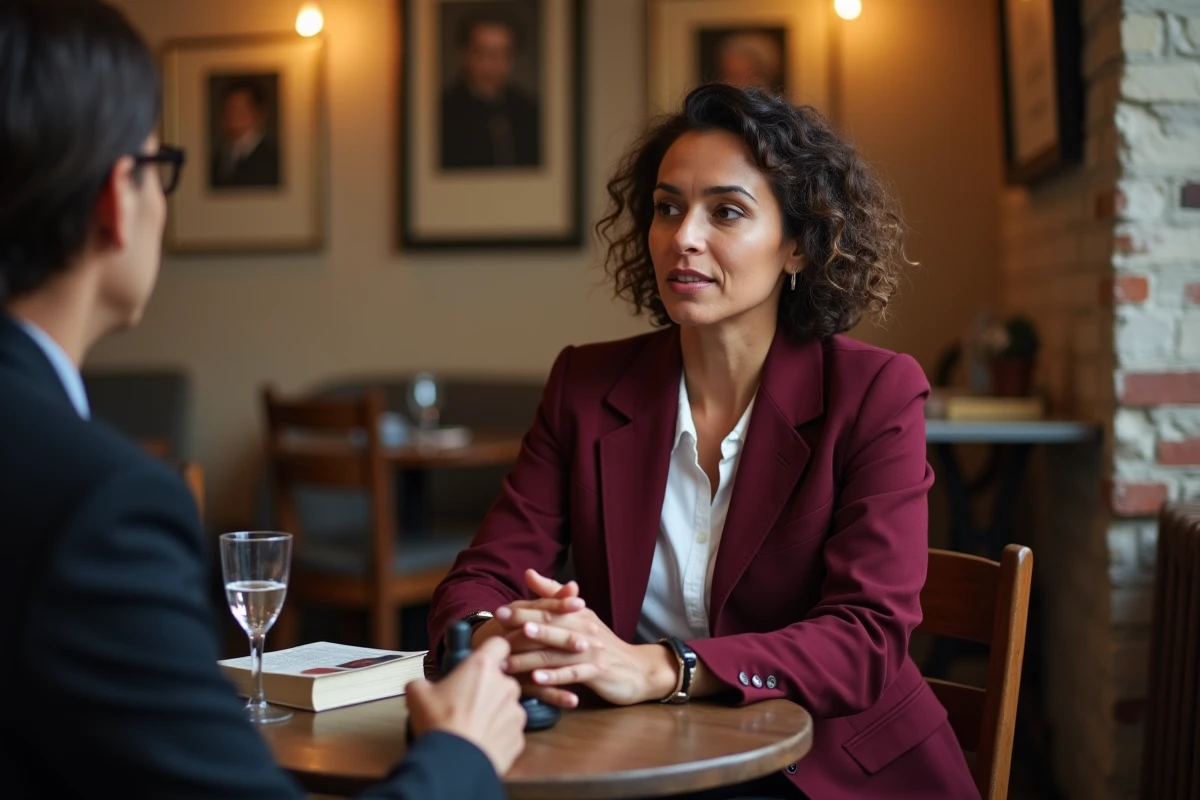 Essayiste franco-marocaine lors d'une interview dans un café littéraire parisien avec son livre posé sur la table