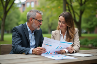 Couple en travail dans un parc urbain vert